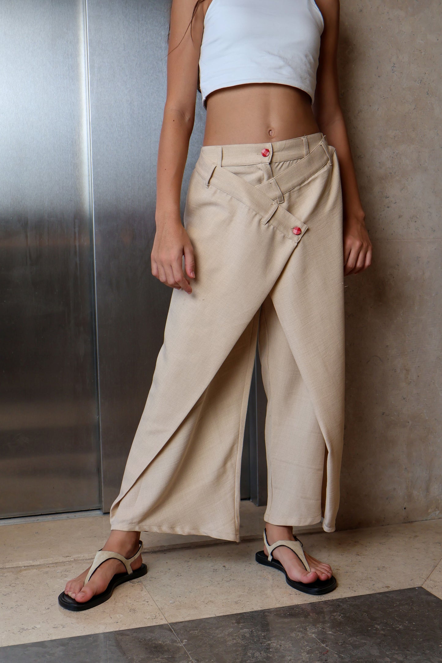 Overlapped Beige Wide-Leg Pants