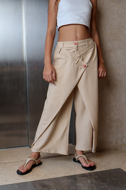 Overlapped Beige Wide-Leg Pants