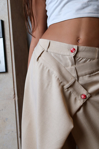 Overlapped Beige Wide-Leg Pants