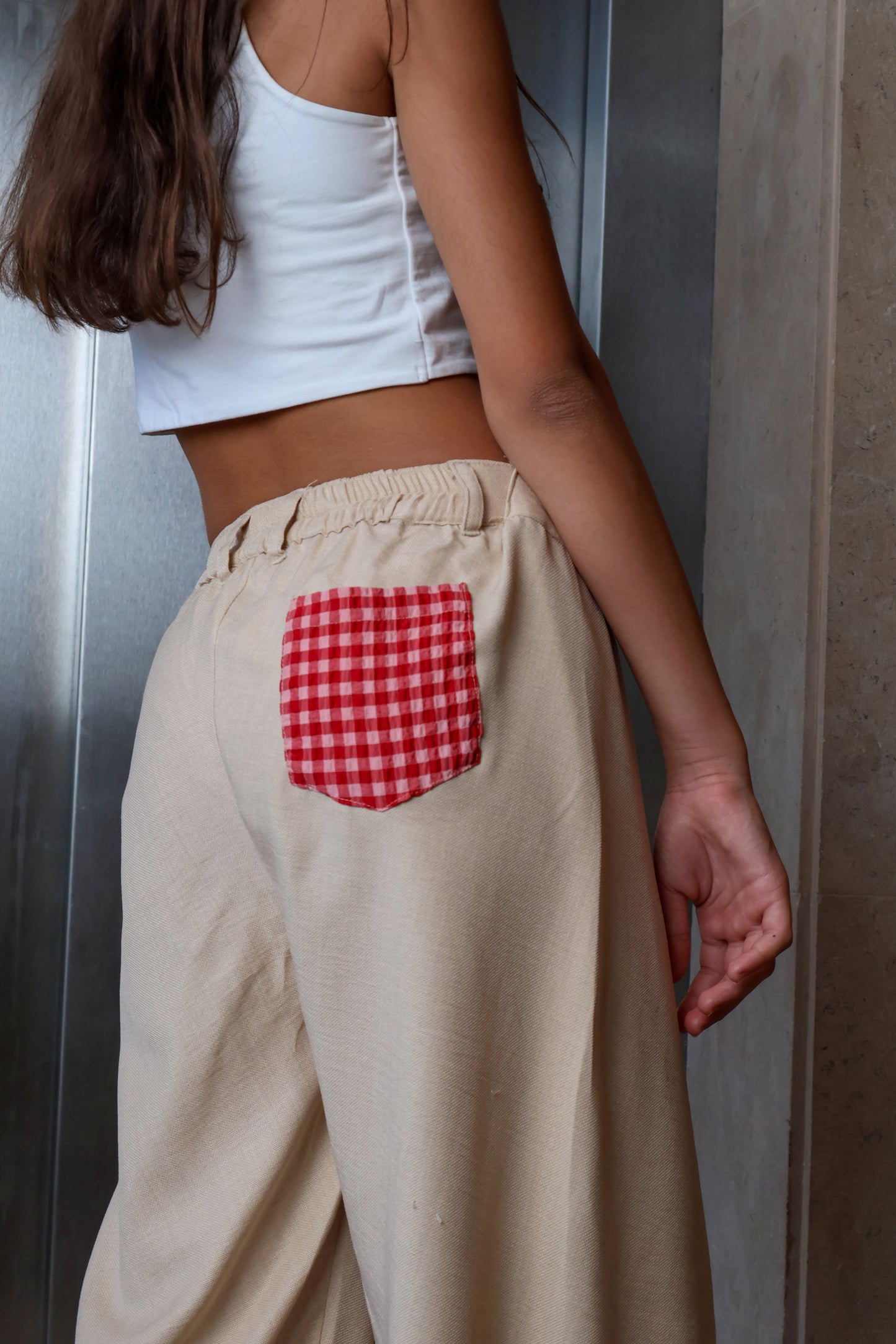 Basic Beige Wide-Leg Pants with red pocket