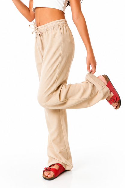 Basic Beige Wide-Leg Pants with red pocket