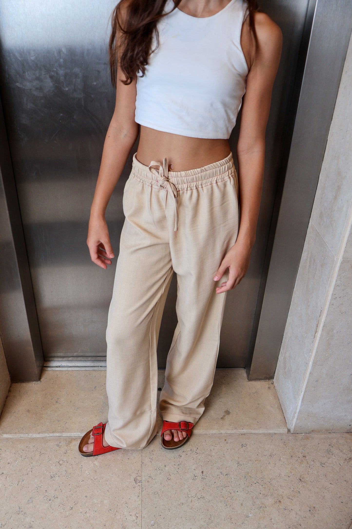 Basic Beige Wide-Leg Pants with red pocket
